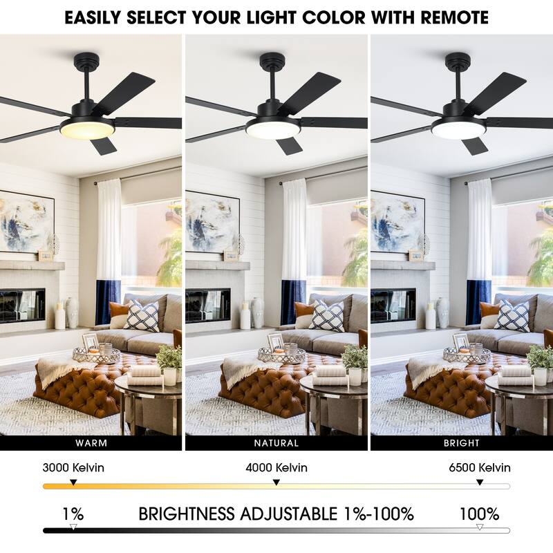 52" Black Reversible 5-Blade Intergrated LED Ceiling Fan with Light and Remote