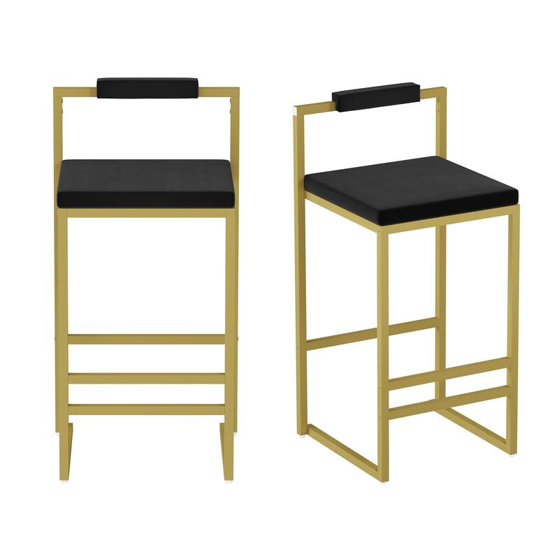 Modern Velvet Counter Height Bar Stools with Low Backrest Set of 2 Upholstered Dining Stools for Kitchen Island (Gold & Black)