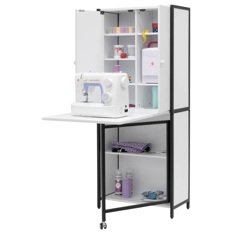 Multipurpose Armoire (58.75" Tall) with Folding Top for Craft, Sewing, Office or Home/ Black/White - White
