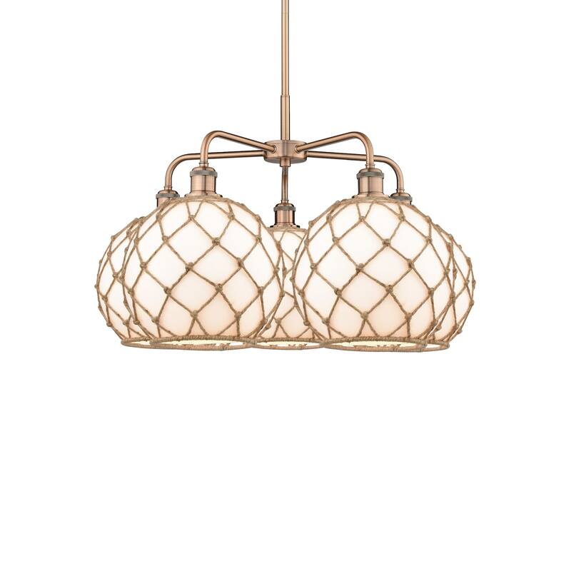 Innovations Lighting 516-5CR-18-29 Farmhouse Rope Chandelier Farmhouse - Antique Copper / White Glass with Brown Rope
