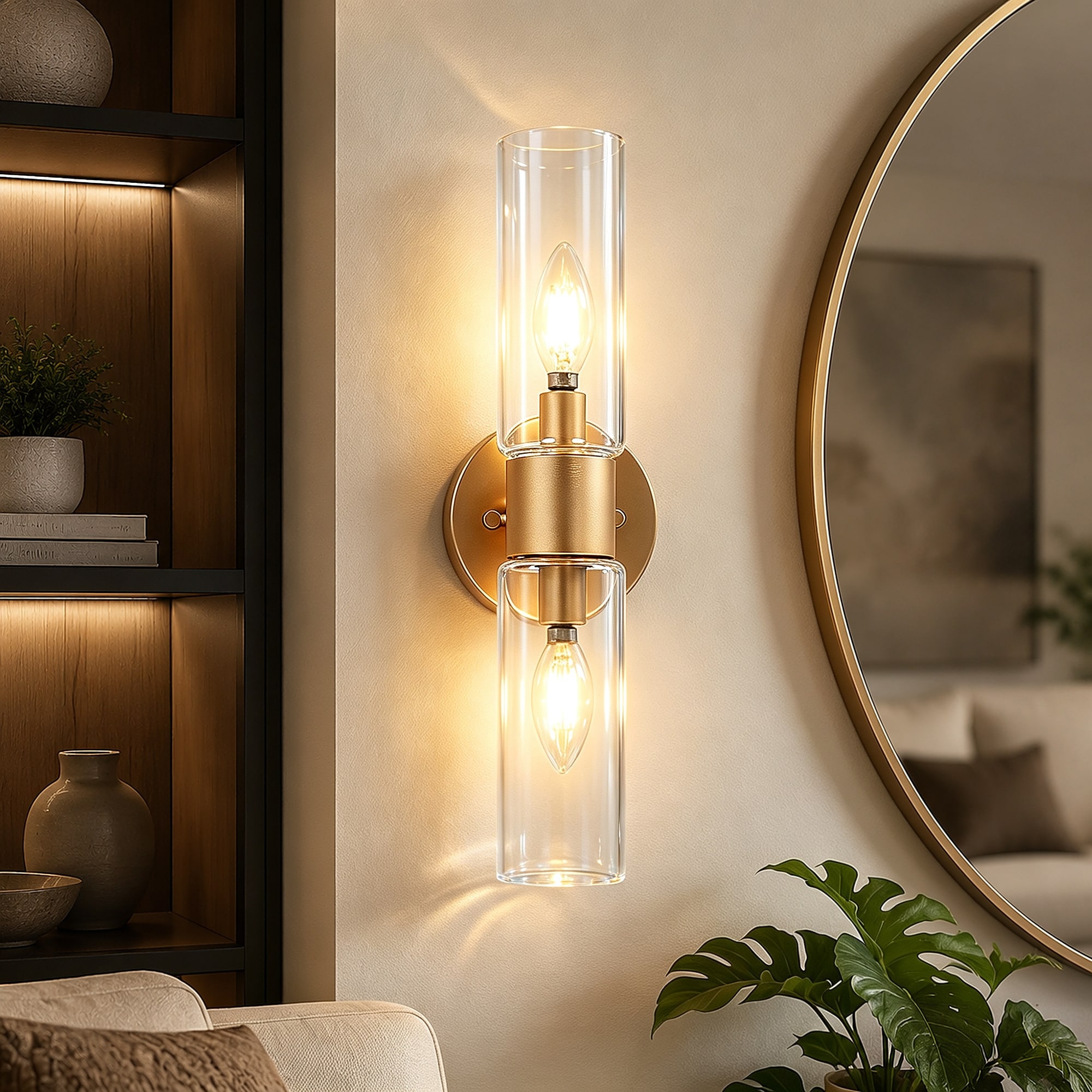 LNC Modern Contemporary 2-Light Gold Wall Sconce Clear Glass Bathroom Vanity - W 4.7" x H 16.1"