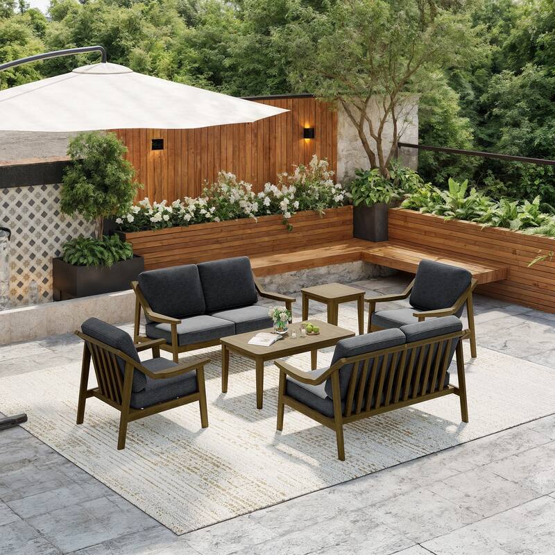 6-piece Wood Patio Chat Set Teak Conversation Set with Cushion