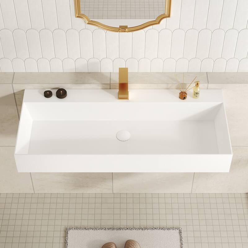 Solid Surface Wall-Mounted Rectangular Bathroom Sink with Pop-Up Drain, Modern Floating Wash Basin with Center Drain