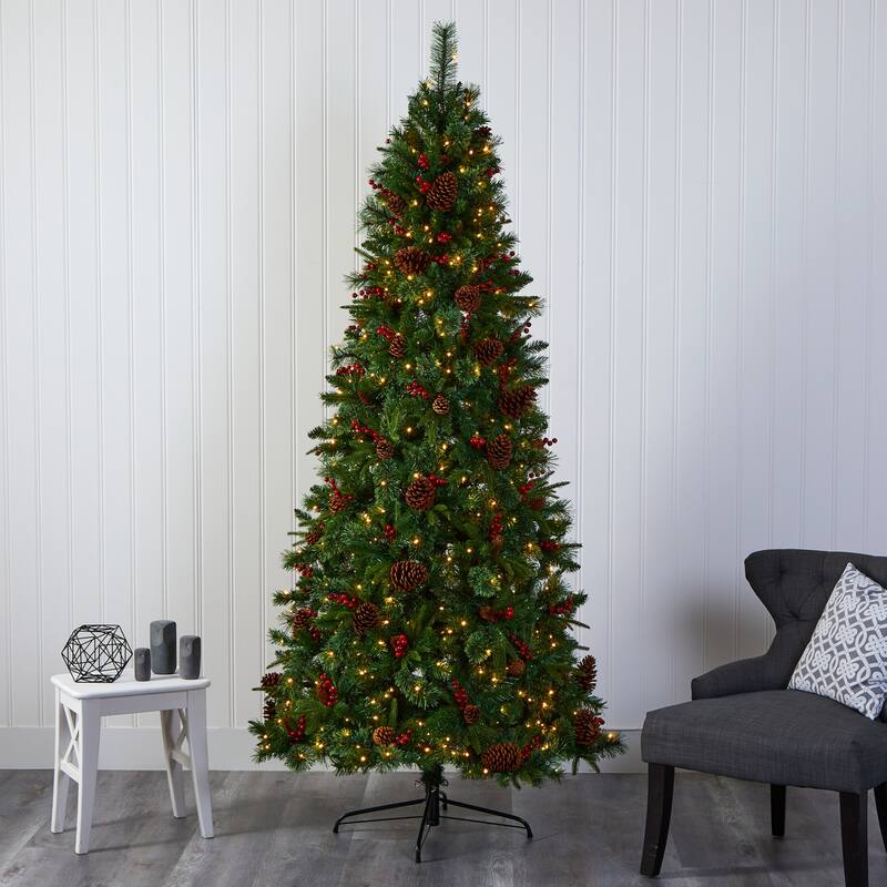 Southwestern Artificial Christmas Tree - 7.5ft Pine Tree with Clear Lights, Pine Cones & Berries - Holiday Decor - Green - 90
