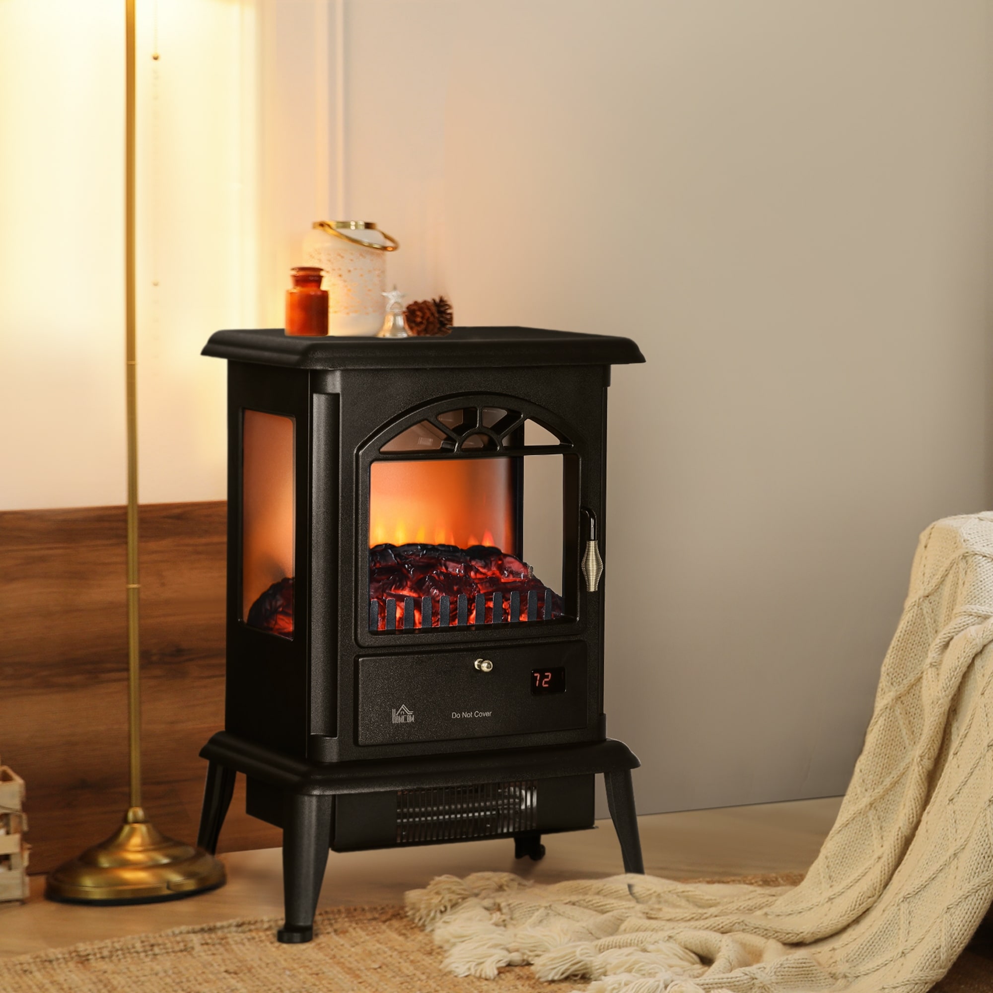 HOMCOM Portable Electric Fireplace Heater with Realistic Flame, Adjustable Temperature, Timer, Remote Control - N/A