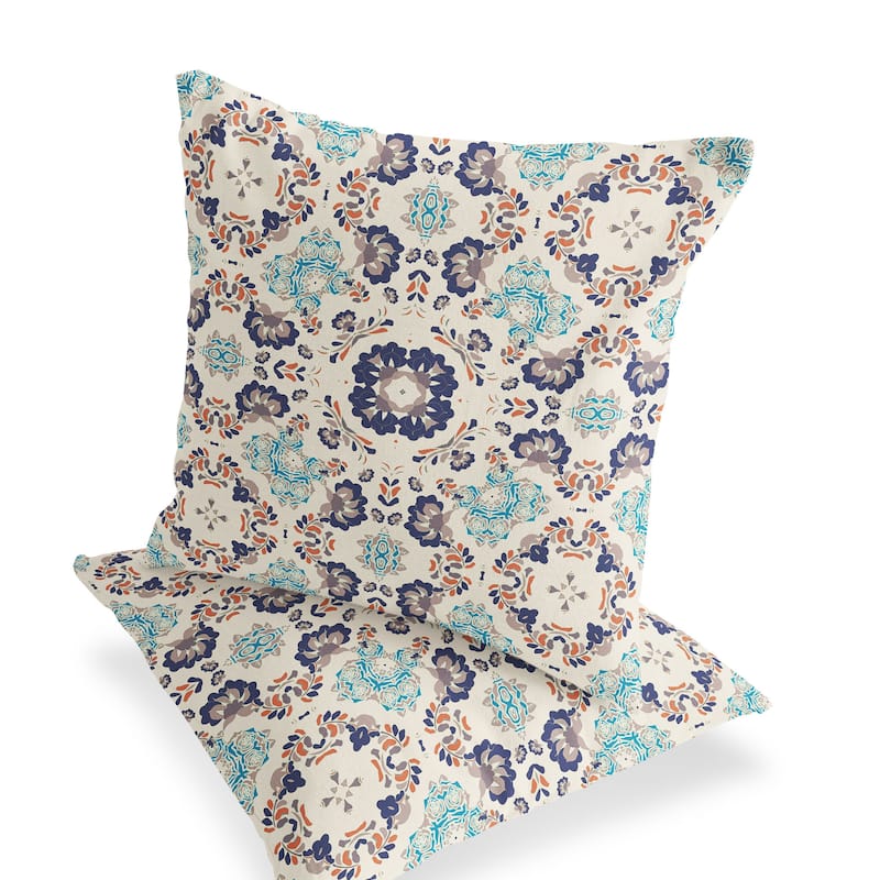 HomeRoots Set of Two 16" X 16" Blue and Off White Blown Seam Floral Indoor Outdoor Throw Pillow - 16.00' X '16.00' X '5.00