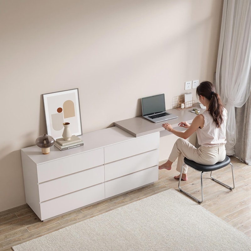 97.63" Modern Home Office Expandable Dresser Desk Combo with 6 Drawers - beige