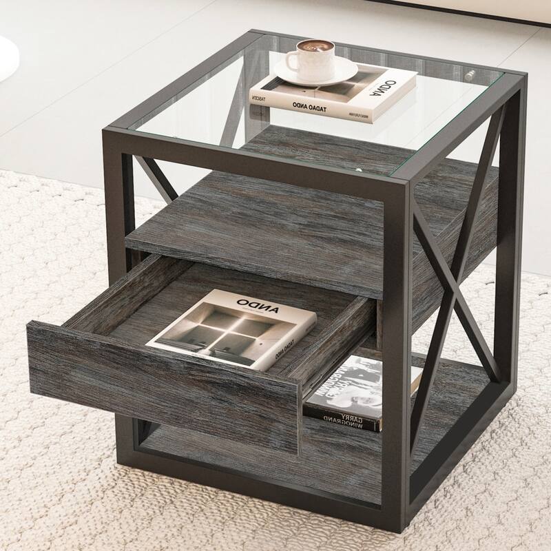 1 piece Modern End Table with Drawer - Nightstand,Rustic Wood Grain MDF& Tempered Glass Top,Industrial Style Side Table