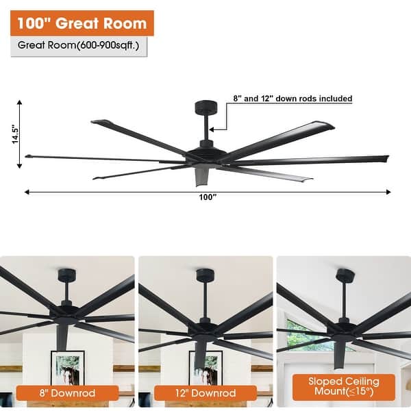 dimension image slide 1 of 2, 100" Indsutrial Black/ Silver/ White Extra Larger HVLS Commercial Ceiling Fan with Remote - 100" Huge Fan