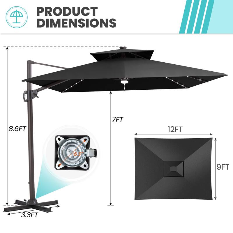 11 FT Square Outdoor Premium Double Top Solar Powered LED Patio Cantilever Umbrella