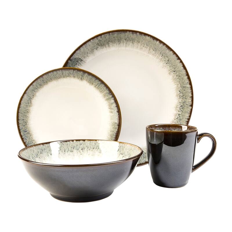 Sango Novelle 16-Piece Stoneware Dinnerware Set with Round Plates, Bowls, and Mugs, Moss Green