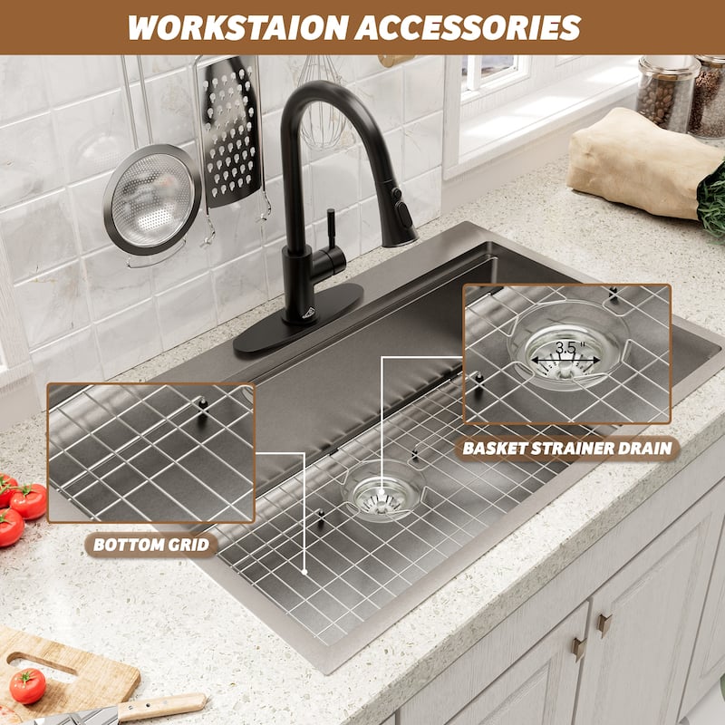 Drop-In Single Bowl Brushed Stainless Steel Workstation Kitchen Sink with Two-Function Pull-Down Kitchen Faucet and Accessories