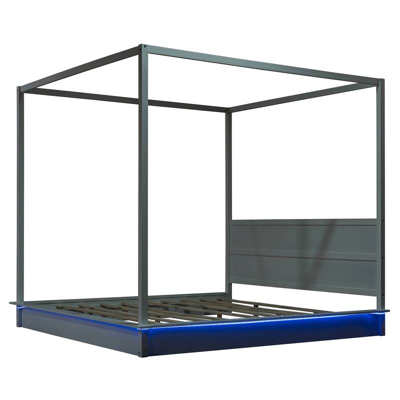 Roomfitters King Size Wooden Canopy Bed with LED Lighting, Modern Platform Bed Frame with Headboard, No Box Spring, White