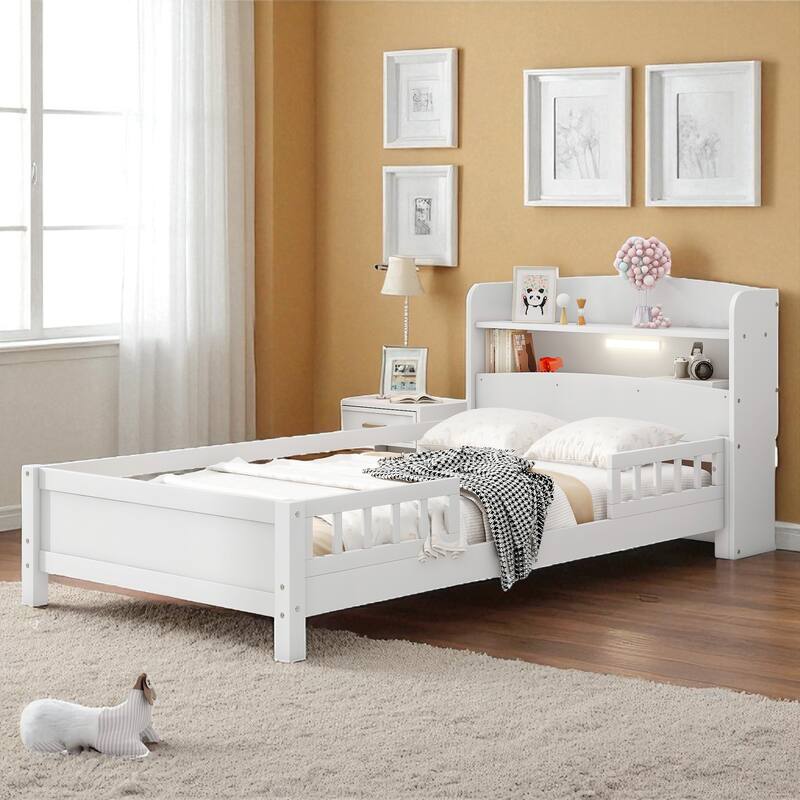 Twin/Full Size Wood Platform Bed with LED Light, Storage Headboard and Guardrail, No Box Spring Needed