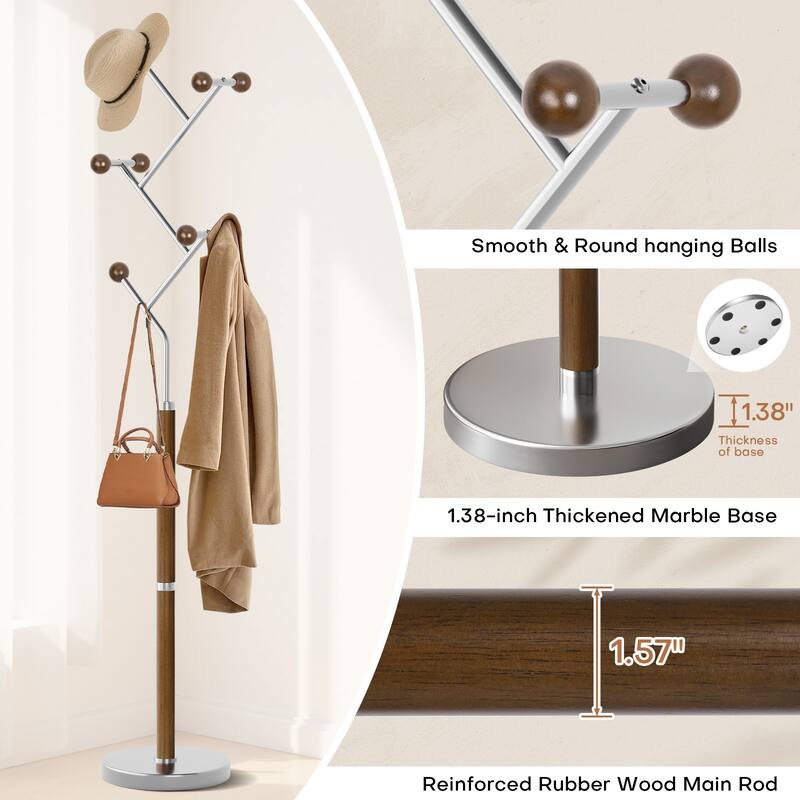 Coat Rack Freestanding, Metal Coat Tree with 8 or 9 Hooks and Heavy Duty Marble Base - 71.26”H x 14.96”W