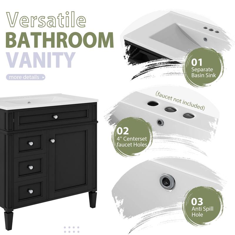 30" Bathroom Vanity with Top Sink, Modern Bathroom Storage Cabinet with 2 Drawers, Freestanding Vanity Set