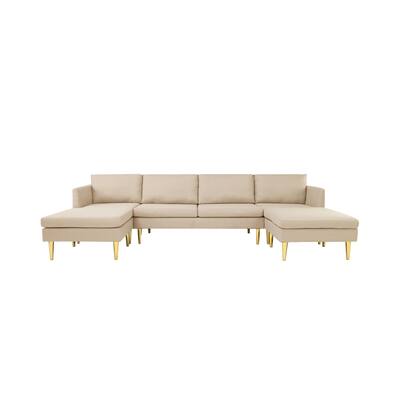 U-shaped Sectional Sofa & Chaise, Polyester Upholstered, Solid Manufactured Frame, Cushion Backres, Metal Feet, Square Armrests