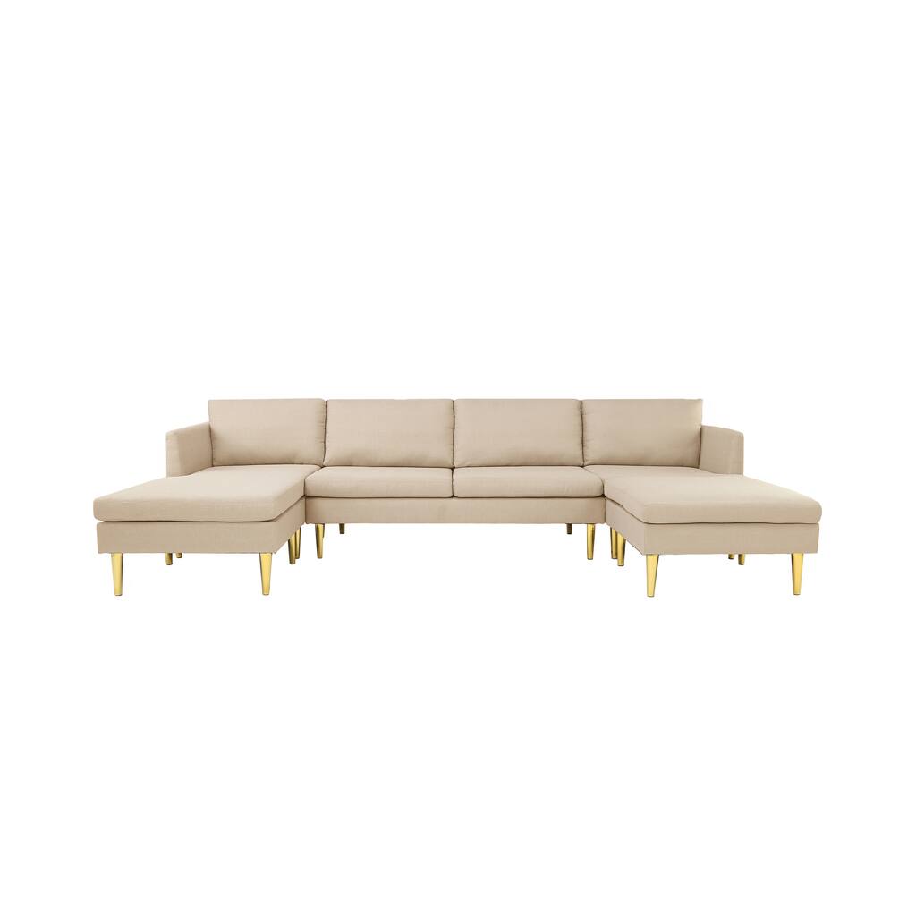 U-shaped Sectional Sofa & Chaise, Polyester Upholstered, Solid Manufactured Frame, Cushion Backres, Metal Feet, Square Armrests