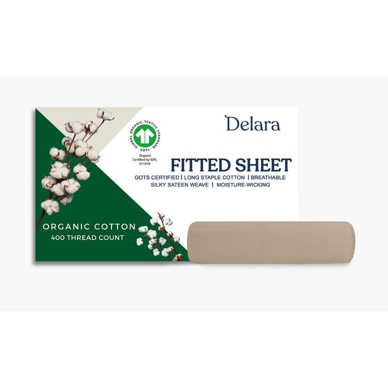 Delara GOTS Certified 100% Organic Cotton Fitted Sheet, 400TC Long Staple Cotton, Moisture-Wicking, Smooth & Breathable