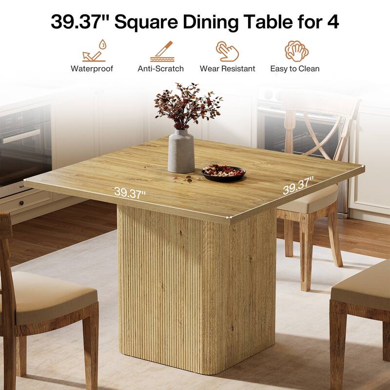 Small Square Kitchen Table for 4, 39-Inch Farmhouse Fluted Dining Table with Sturdy Base