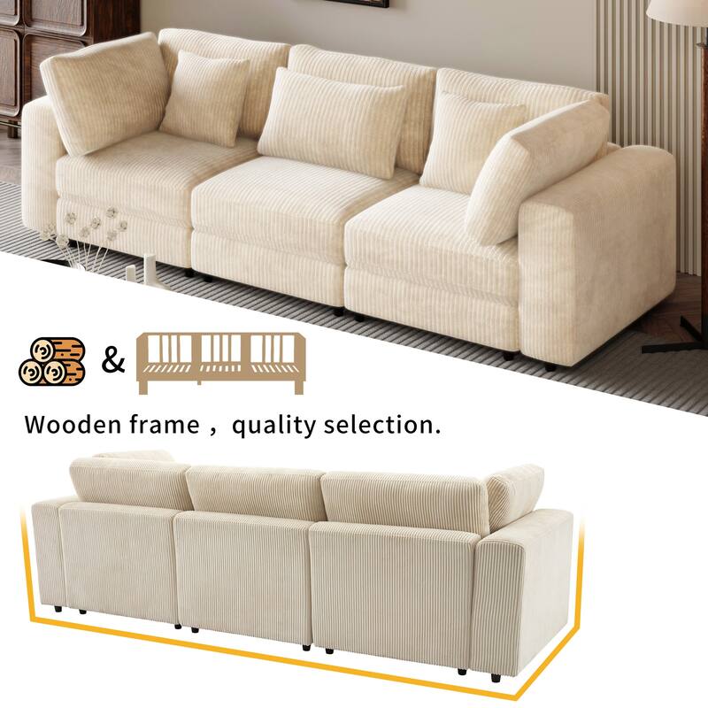 105'' 3 Seater Sofa with Removable Back Cushions and 5 Pillows, Beige Polyester, for Living Room