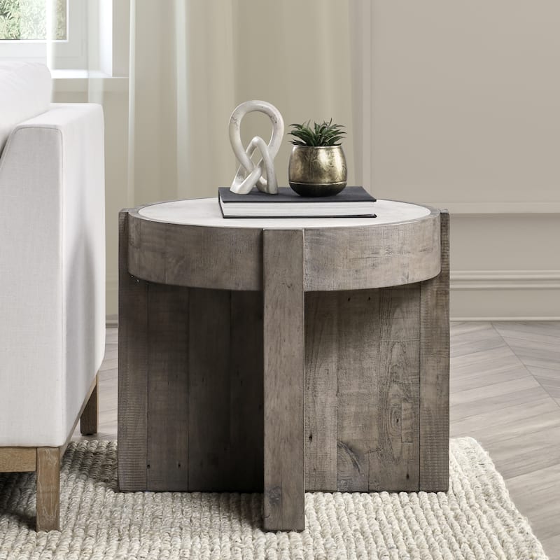 Classic Home Sonoma 26" Round Reclaimed Pine End Table in Distressed Gray - Grey & Antique White - Laminate