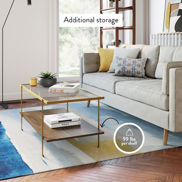 Mid Century Rectangle Coffee Table Glass Top and Rustic Oak Storage Shelf with Sleek Brass Metal Legs Gold 20 D x 39 W x 18 H Bed Bath Beyond 41245187