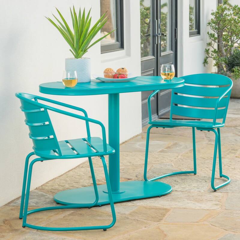 3-Piece Outdoor Iron Bistro Dining Set with 2 Chairs and Oval Table - Teal