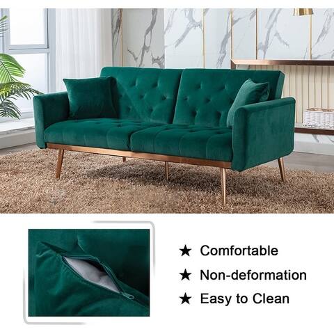 Velvet Futon Sofa Bed with Two Pillows, Convertible Couch for Living Room and Bedroom