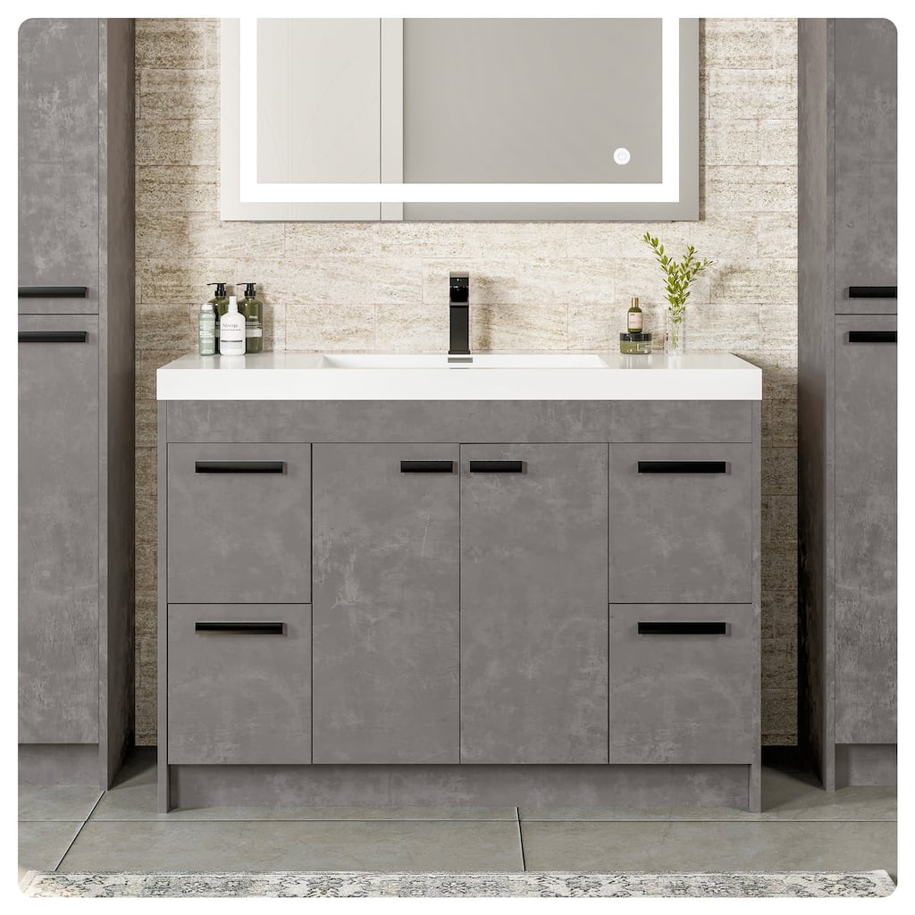 Eviva Lugano 48"W x 20"D Cement Grey Bathroom Vanity with White Acrylic Countertop and Integrated Sink