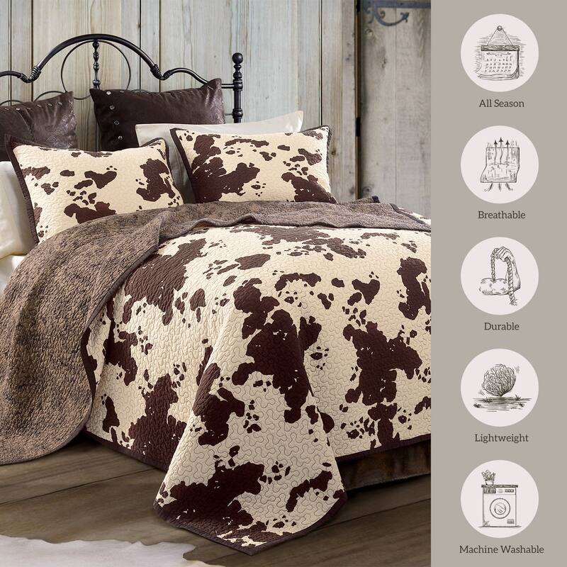 Paseo Road Elsa Cow Print and Paisley 100% Cotton 3 Piece Reversible Quilt Set