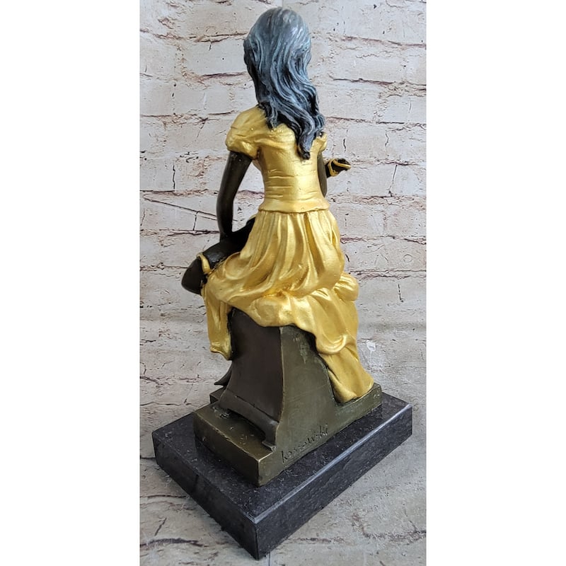 Vintage Banjo Playing Sitting Woman Sculpture Bronze Statue Figurine By Kossowski