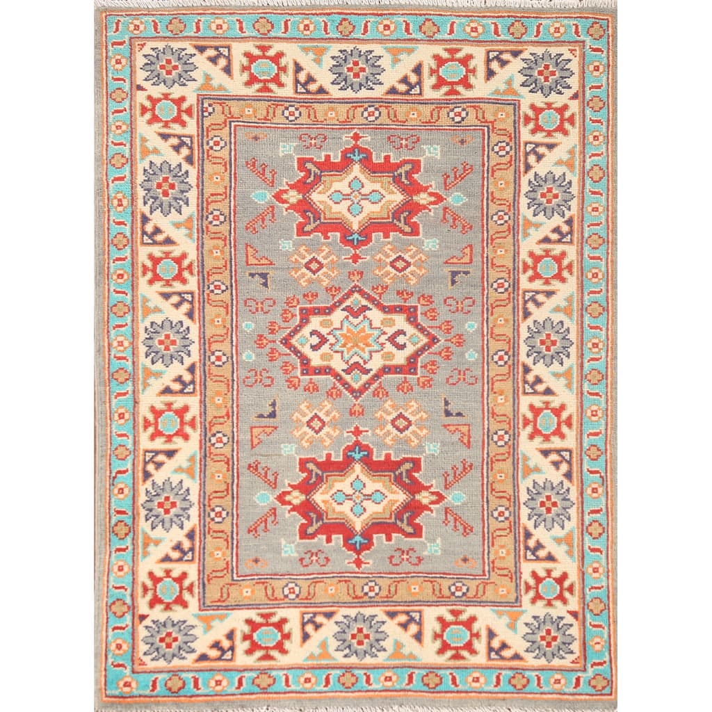 Geometric Grey Kazak Foyer Rug Handmade Traditional Wool Carpet - 2'7" x 3'10"