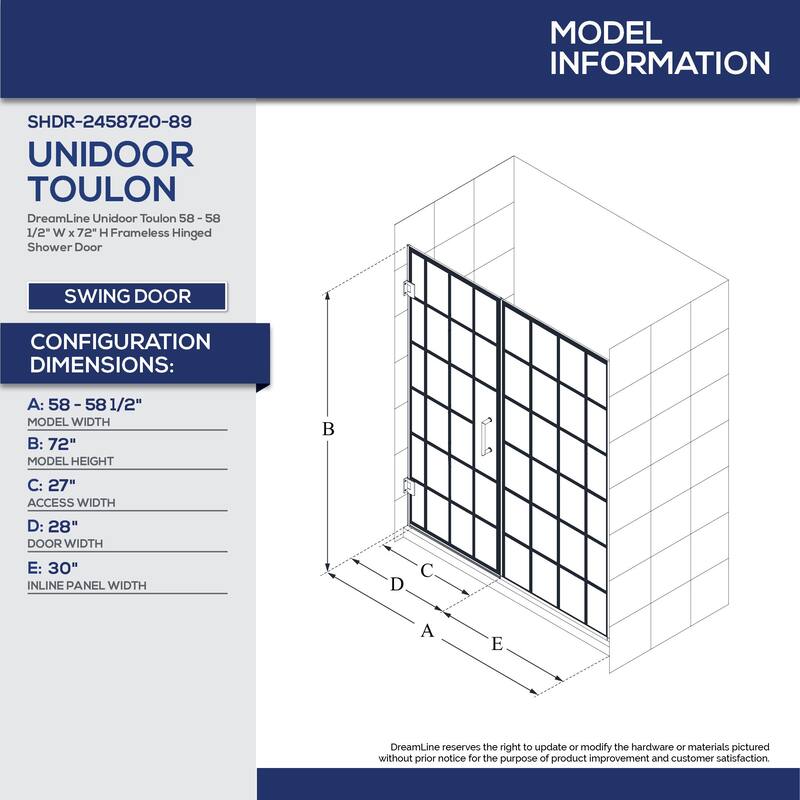 DreamLine Unidoor Toulon 58- to 58.5-inch Frameless Hinged Shower Door - 58" - 58.5" W