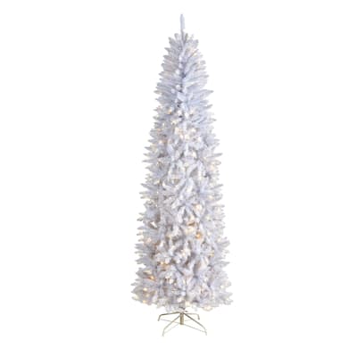 8' Slim White Artificial Christmas Tree with 400 Warm White LED Lights and 1348 Bendable Branches