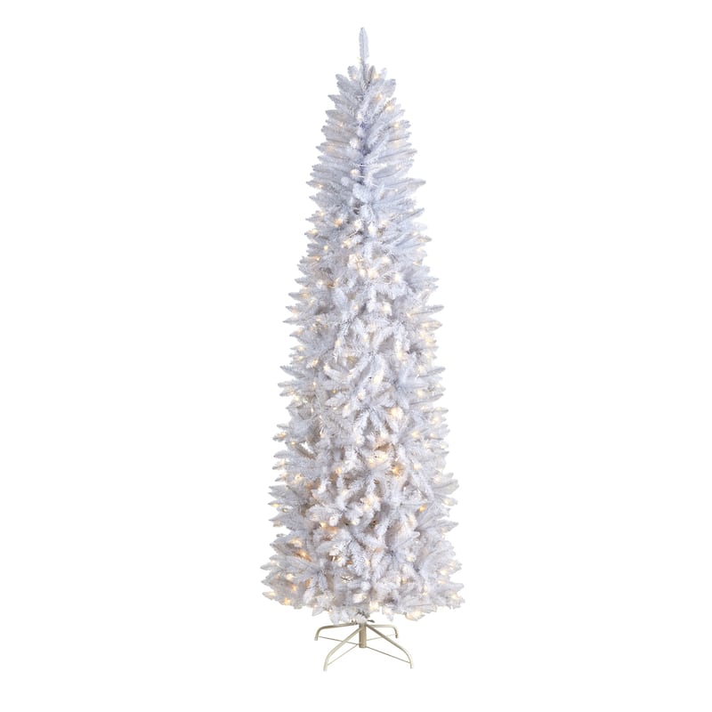 8’ Slim Snow White Artificial Christmas Tree, Warm Clear LED Lights - 8 Foot