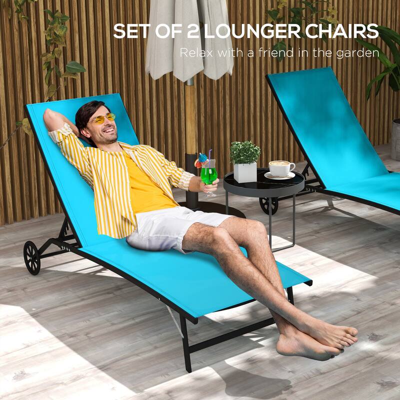 Outsunny Patio Chaise Lounge Chair Set of 2, 2 Piece Outdoor Recliner with Wheels, 5 Level Adjustable Backrest