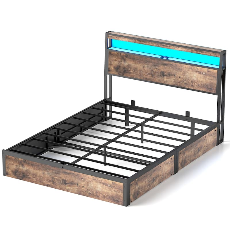 Lift Up Storage Bed Frame/Metal Platform Bed Frame with Charging Station&LED Lights/Noise-Free/No Box Spring Needed/Rustic Brown