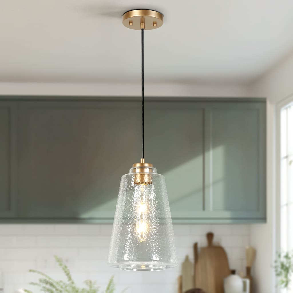 Modern Gold 1-Light Textured Clear Glass Pendant Light for Kitchen Island - D7.9"xH12.5"