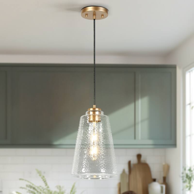 Modern Gold 1-Light Textured Clear Glass Pendant Light for Kitchen Island - D7.9"xH12.5"