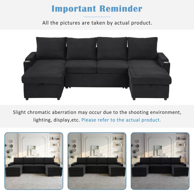 Convertible Sofa Bed with Pull Out Bed, U-Shaped Sectional Sofa with Dual Storage Chaise Lounges, USB Ports & Cup Holders