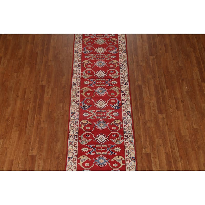 Red Geometric Kazak Oriental Traditional Wool Runner Rug Hand-knotted - 2'8" x 9'8"