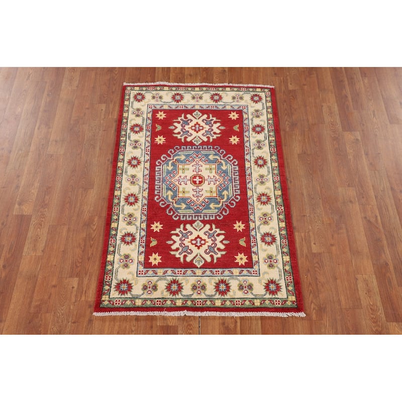 Red Geometric Kazak Foyer Rug Hand-Knotted Wool Carpet - 2'10" x 4'2"