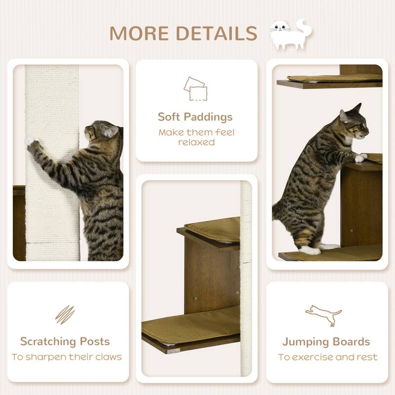 PawHut Wall-Mounted Cat Tree, 4-Layer Cat Wall Shelves Furniture with Scratching Board