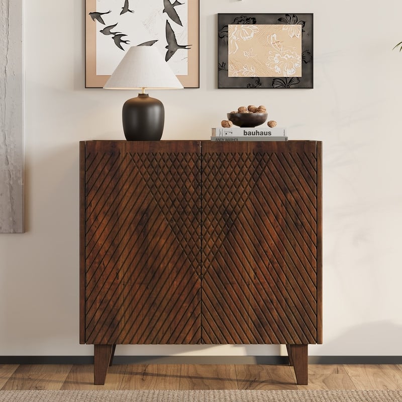 Wood Accent Cabinet with Storage, Rustic Mango Wood Storage Cabinet with Fluted Design and Adjustable Shelf - Honey