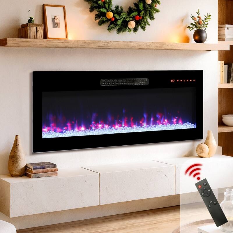 36 in. Wall Mounted Recess Ultra Thin Electric Fireplace with Tempered Glass Front in Black,Remote,1400W/5000BTU
