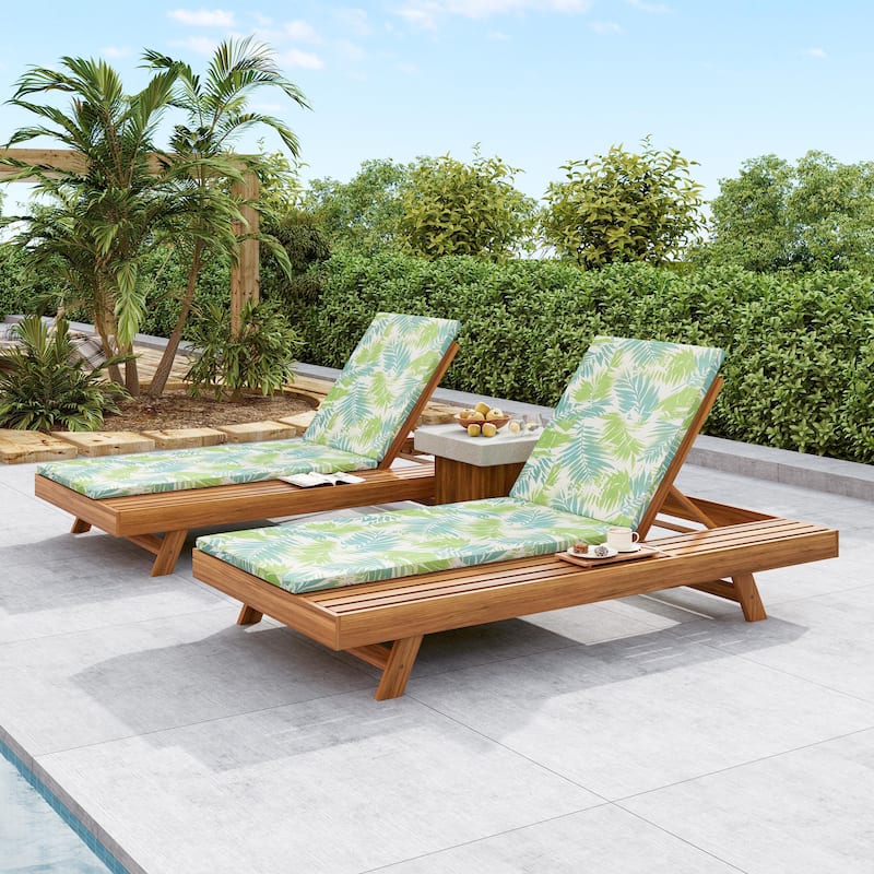 One-sided Open Storage Lounge Chairs Outdoor Patio Acacia Wood Chaise Lounge with Adjustable Backrest & Water-repellent Cushions