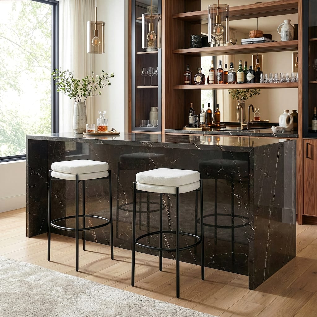 Set of 2 Avril White Boucle Backless Bar Stool with Black Metal Legs