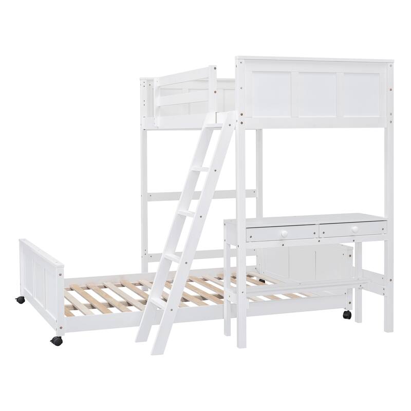 Space-Saving Twin Over Full Bunk Bed with Desk and Drawers - Solid Pine Construction, White/Grey