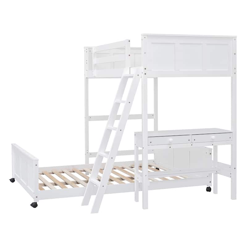 Twin Over Full Bunk Bed with Desk, White